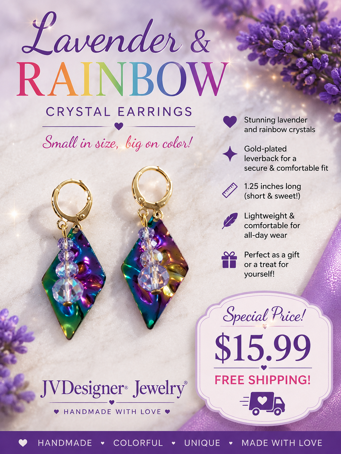 Handmade Lavender & Rainbow Crystal Dangle Earrings – Gold-Plated Leverback, 1.25 Inch