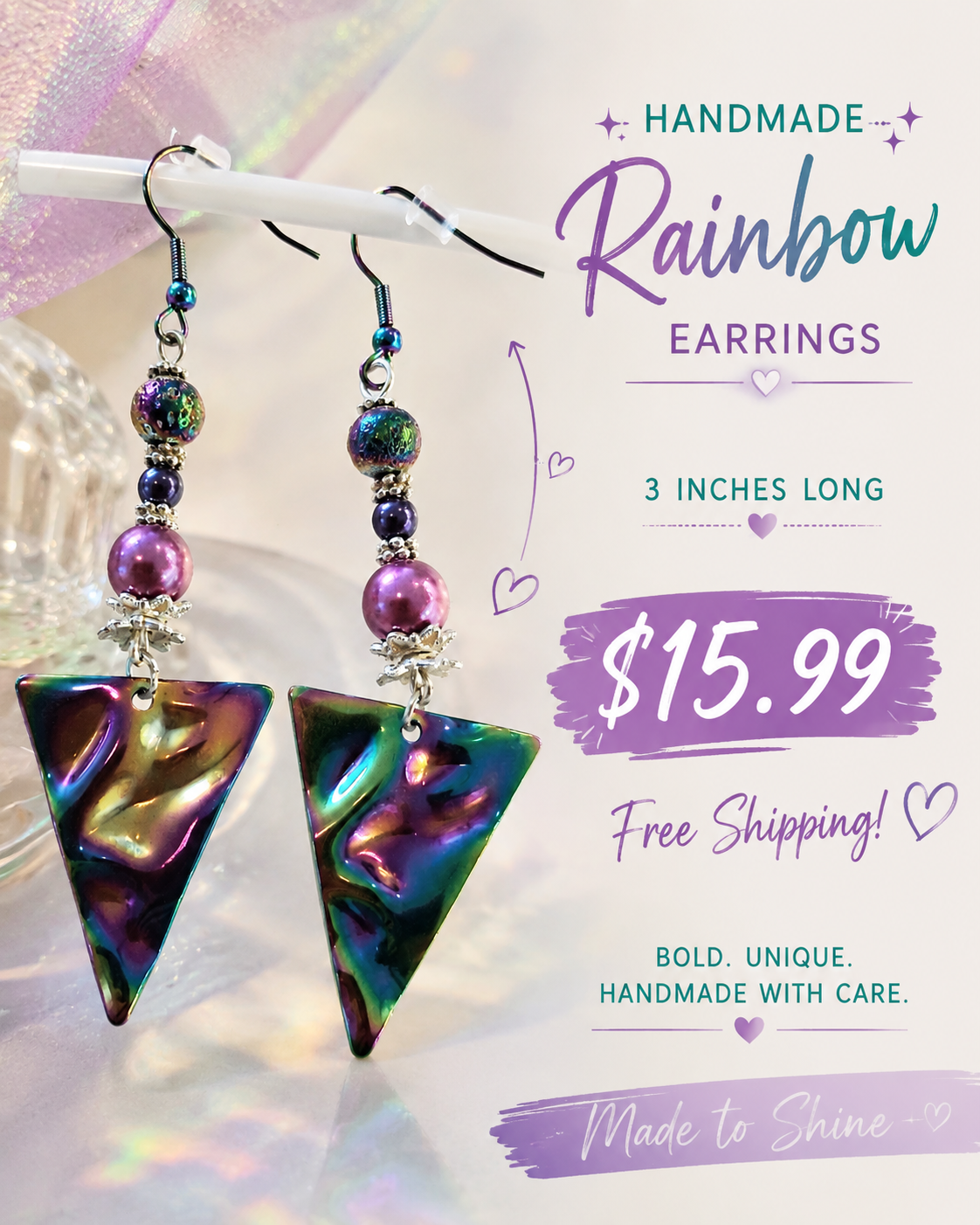 Handmade Rainbow Ion-Plated Dangle Earrings – Colorful Glass Beads, French Hooks, 3 Inches Long
