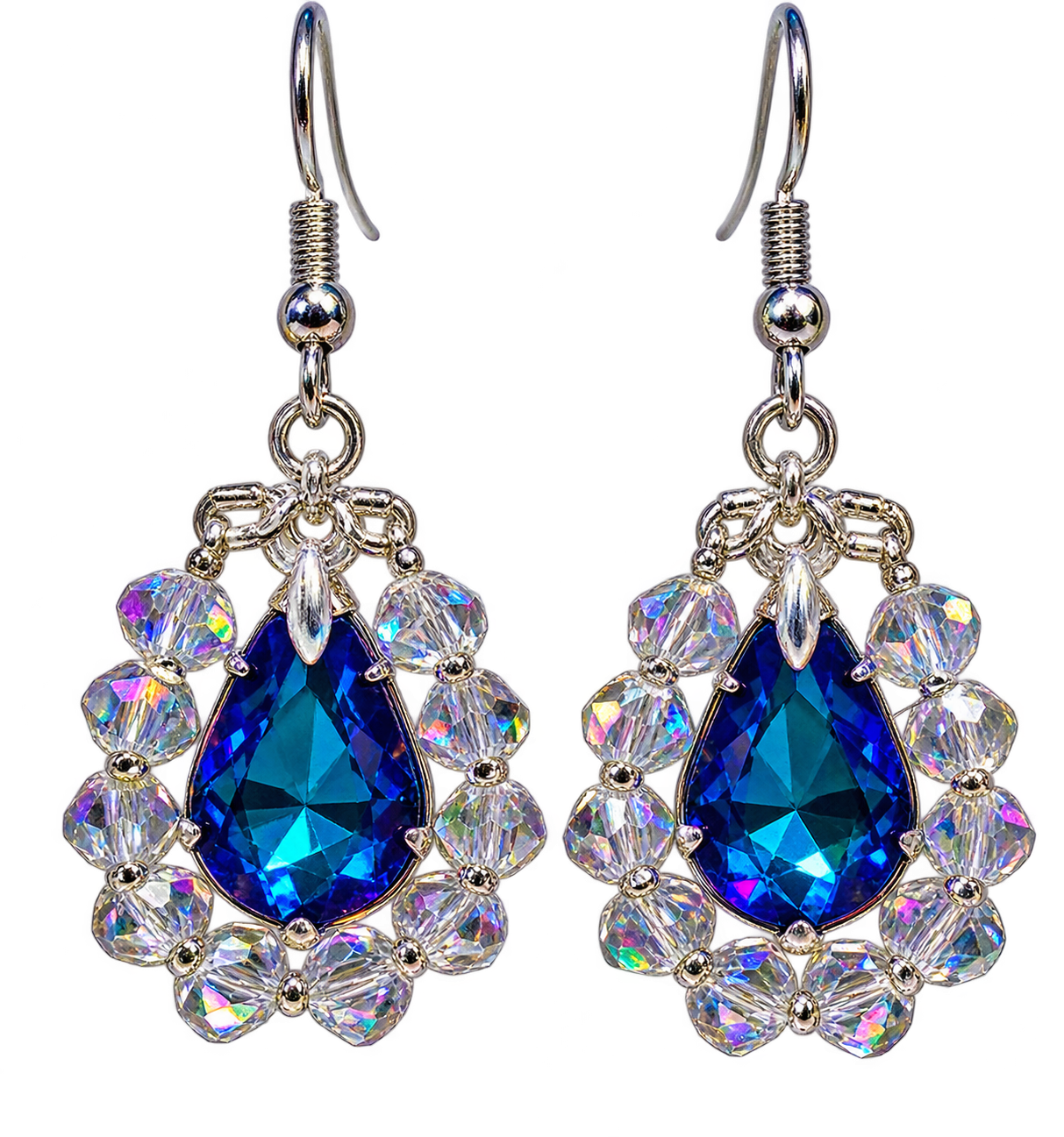 Blue Crystal Teardrop Earrings – Iridescent Glass Bead Dangle Drops