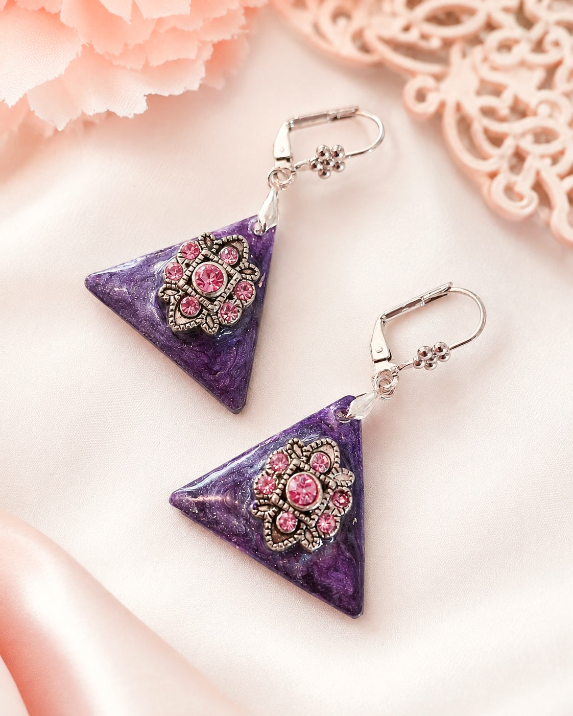 Purple Resin Rhinestone Triangle Earrings – Handmade Sparkling Statement Dangle Earrings