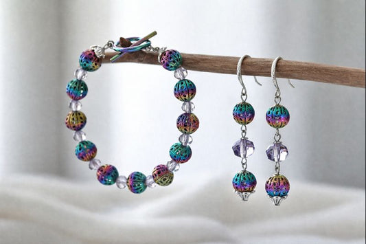 Rainbow Ion Plating Jewelry Set - Lavender Glass Beads Bracelet & Earrings