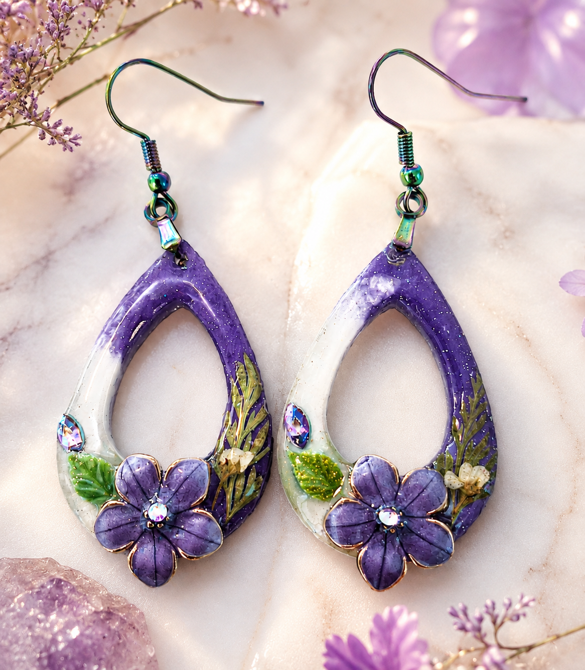 Purple Floral Teardrop Resin Earrings – Handmade Botanical Jewelry