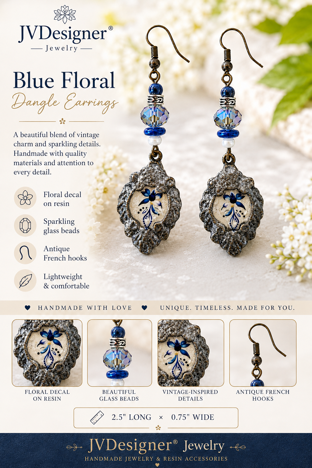 Blue Floral Dangle Earrings - Vintage Silver Frame Resin Earrings with Blue Crystal Glass Beads | Handmade Lightweight Dangle Earrings | JVDesigner Jewelry
