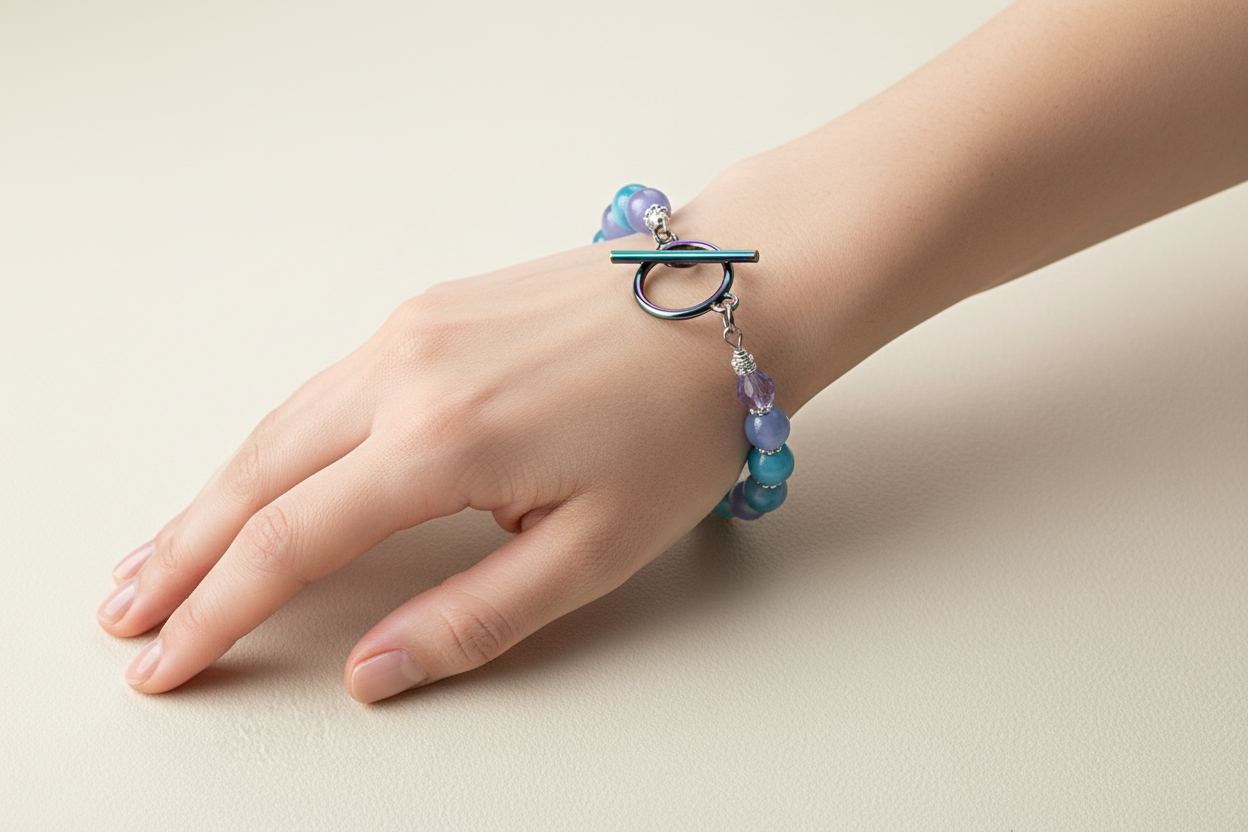 Beaded bracelet with blue and purple beads on a beige background