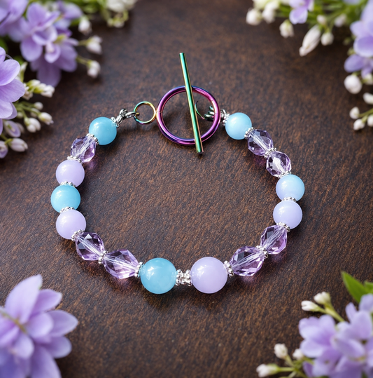 Pastel Cat Eye Bracelet – Ion-Plated Toggle Clasp & Crystal Beads