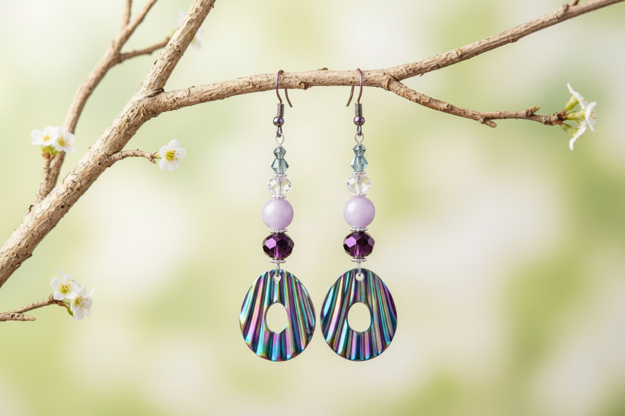 Colorful earrings with beads on a wooden surface with flowers