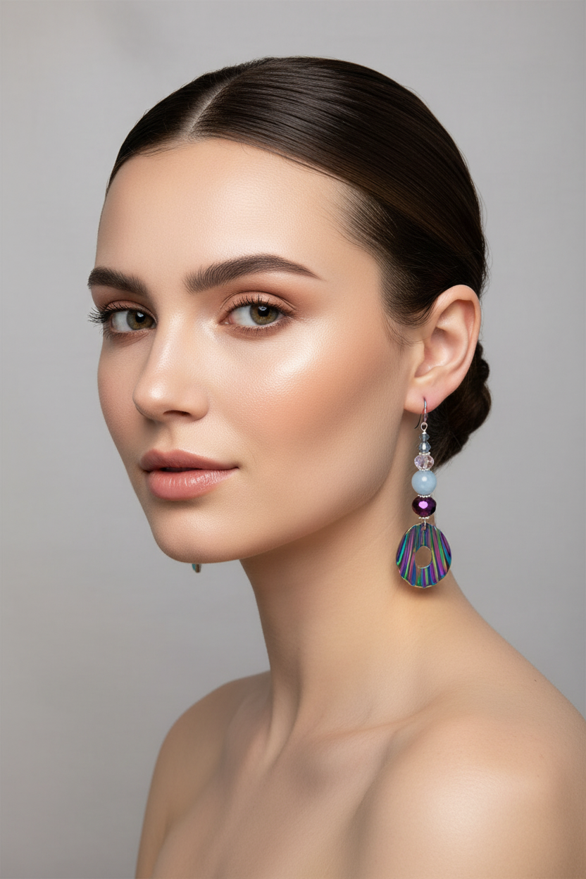 Colorful earrings with beads on a wooden surface with flowers