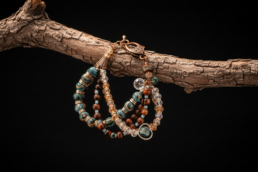 Set of beaded bracelets on a jewelry stand against a black background