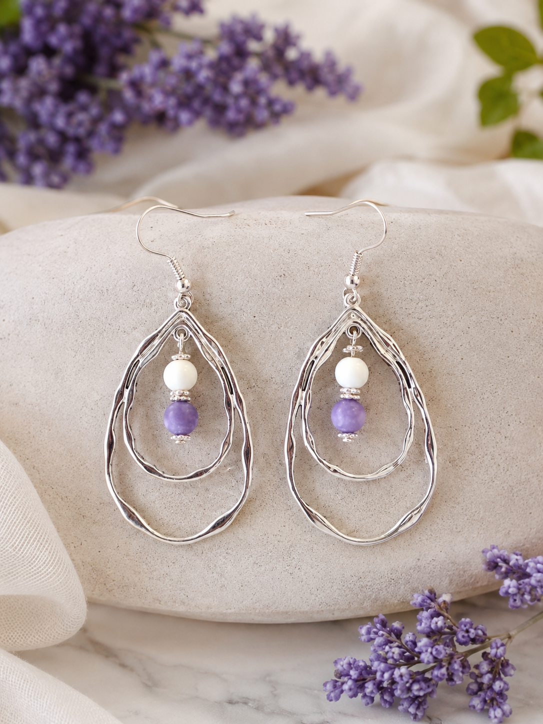 Purple & White Beaded Teardrop Earrings – Handmade Statement Earrings