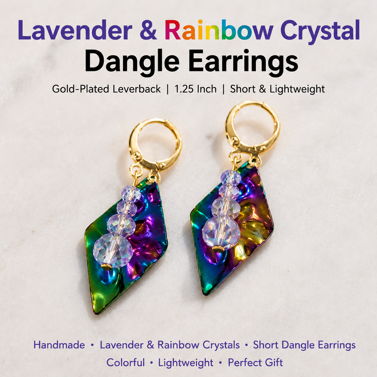 Handmade Lavender & Rainbow Crystal Dangle Earrings – Gold-Plated Leverback, 1.25 Inch