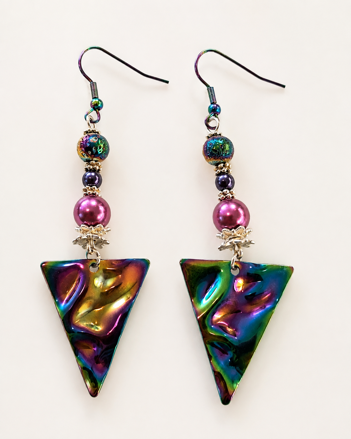 Handmade Rainbow Ion-Plated Dangle Earrings – Colorful Glass Beads, French Hooks, 3 Inches Long