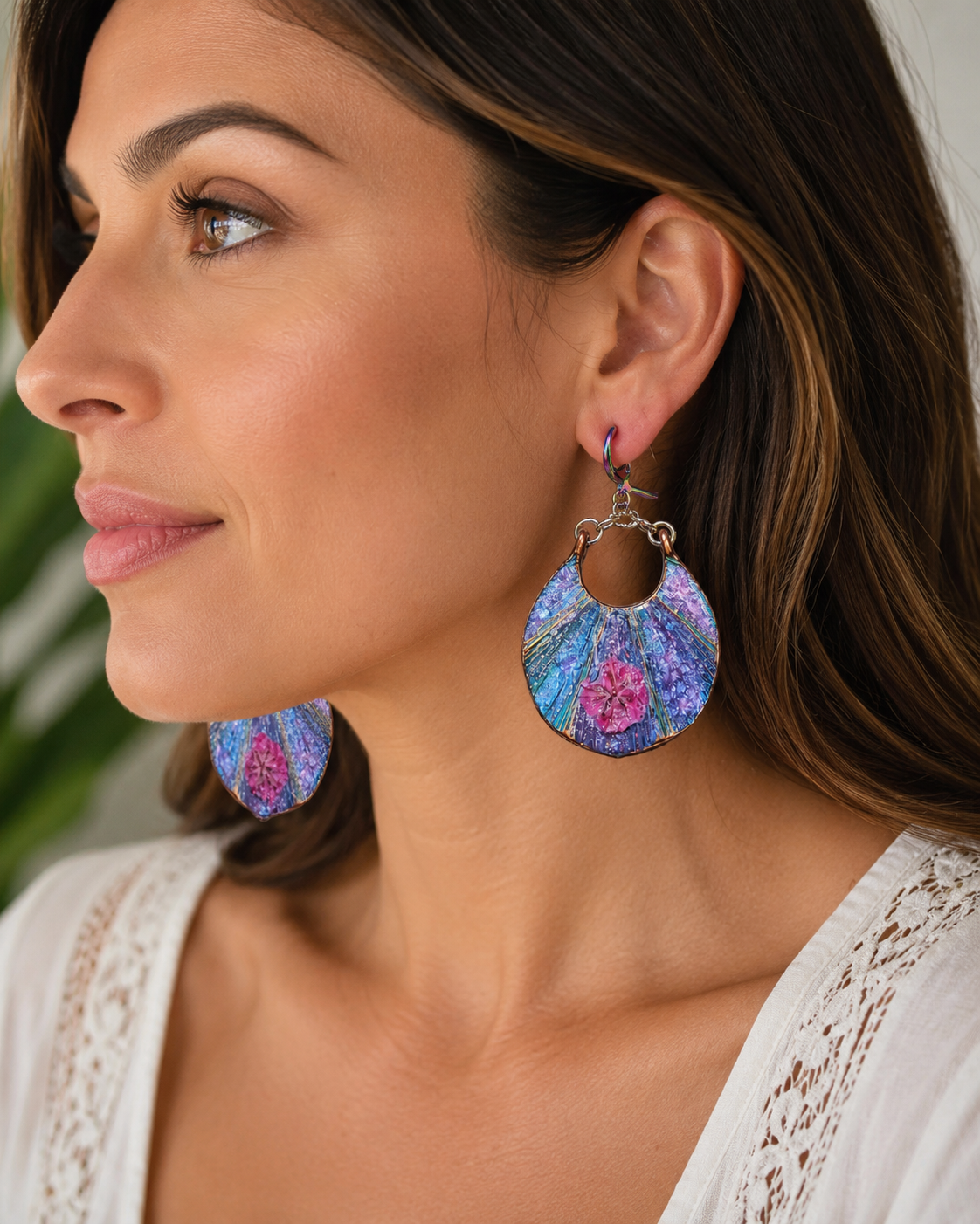 Iridescent Blue & Purple Floral Resin Earrings – Handmade Statement