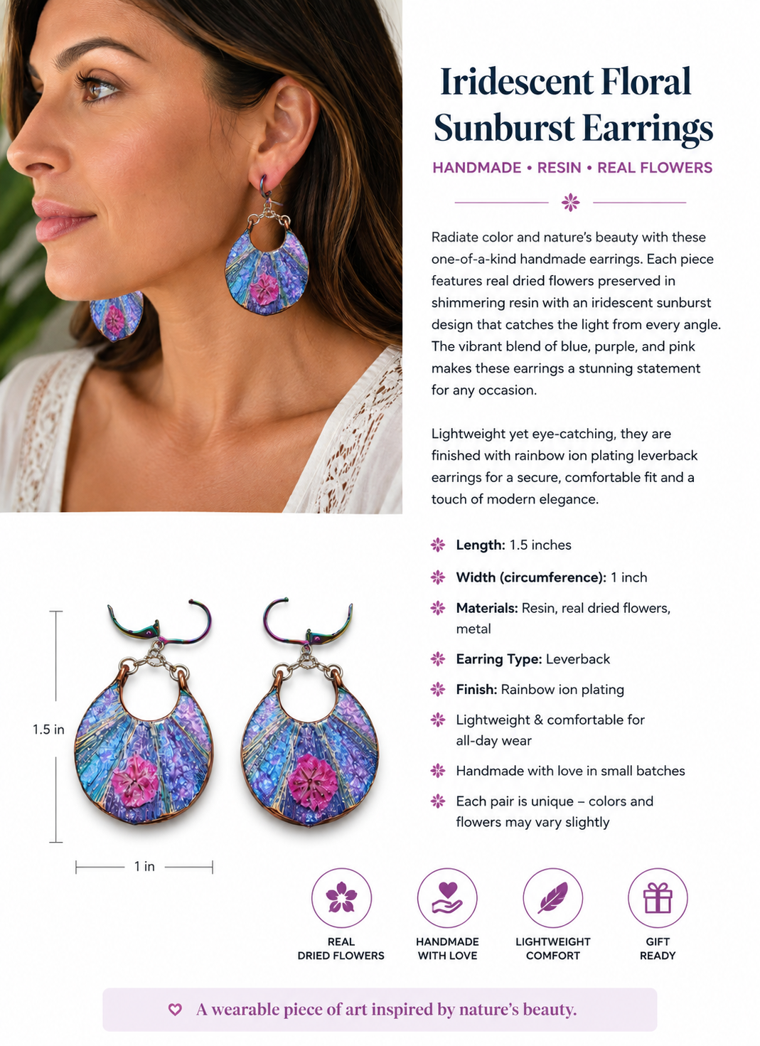 Iridescent Blue & Purple Floral Resin Earrings – Handmade Statement
