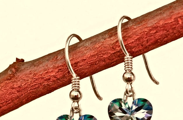 Heart Iridescent Crystal Earrings - Pink Blue Silver Plated Dangle Earrings for Women