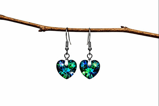 Heart Iridescent Crystal Earrings - Peacock Blue Silver stainless steel Dangle Earrings for Women (Copy)
