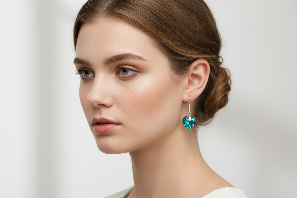 Heart Iridescent Crystal Earrings - Peacock Blue Silver stainless steel Dangle Earrings for Women (Copy)