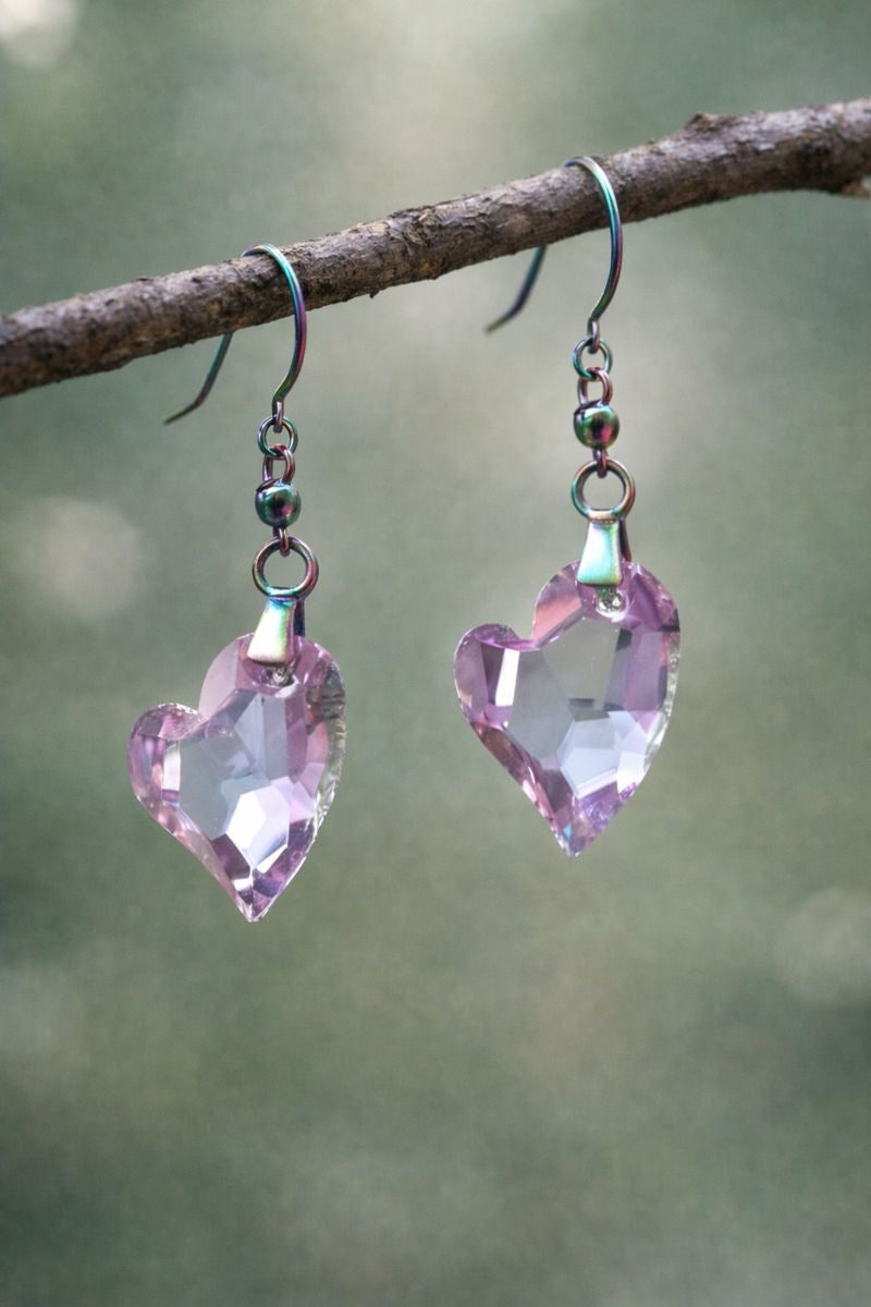 Pink Crystal Heart Earrings - Handmade Statement Jewelry