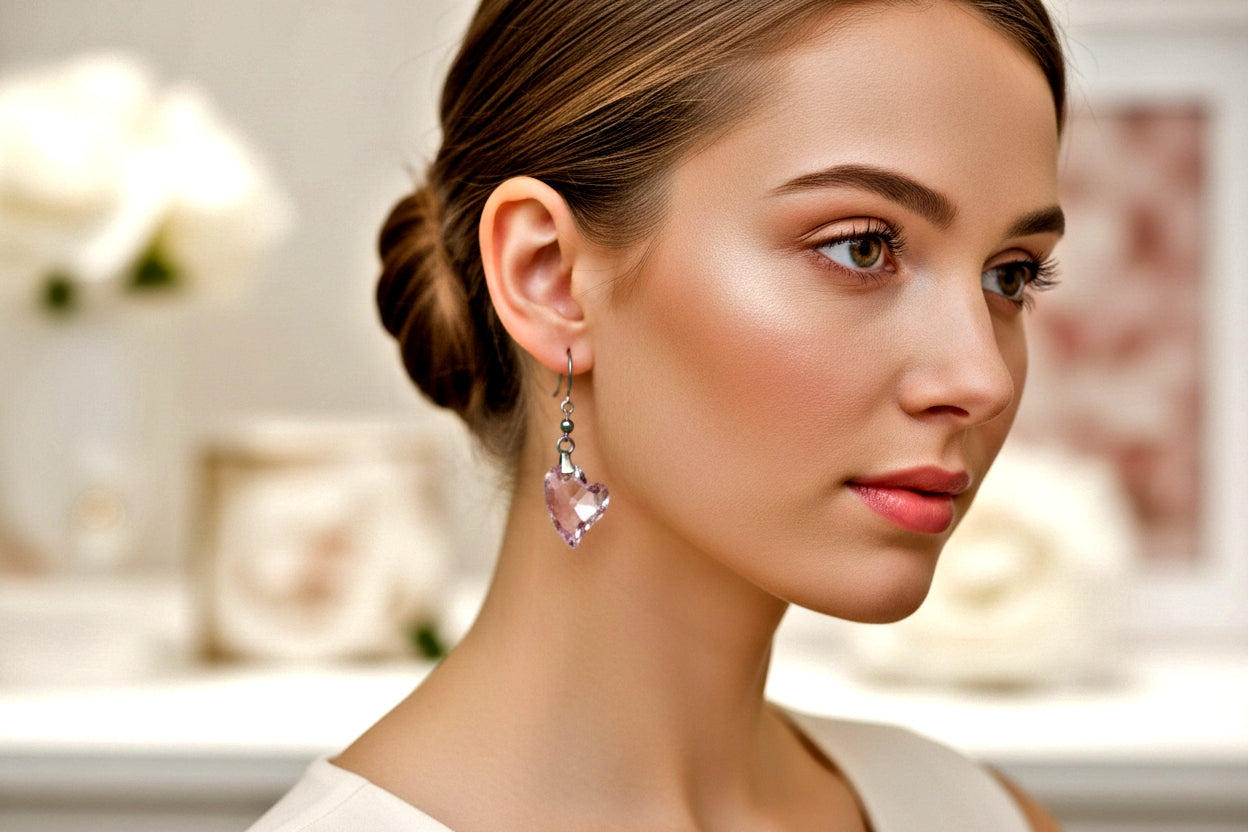 Pink Crystal Heart Earrings - Handmade Statement Jewelry