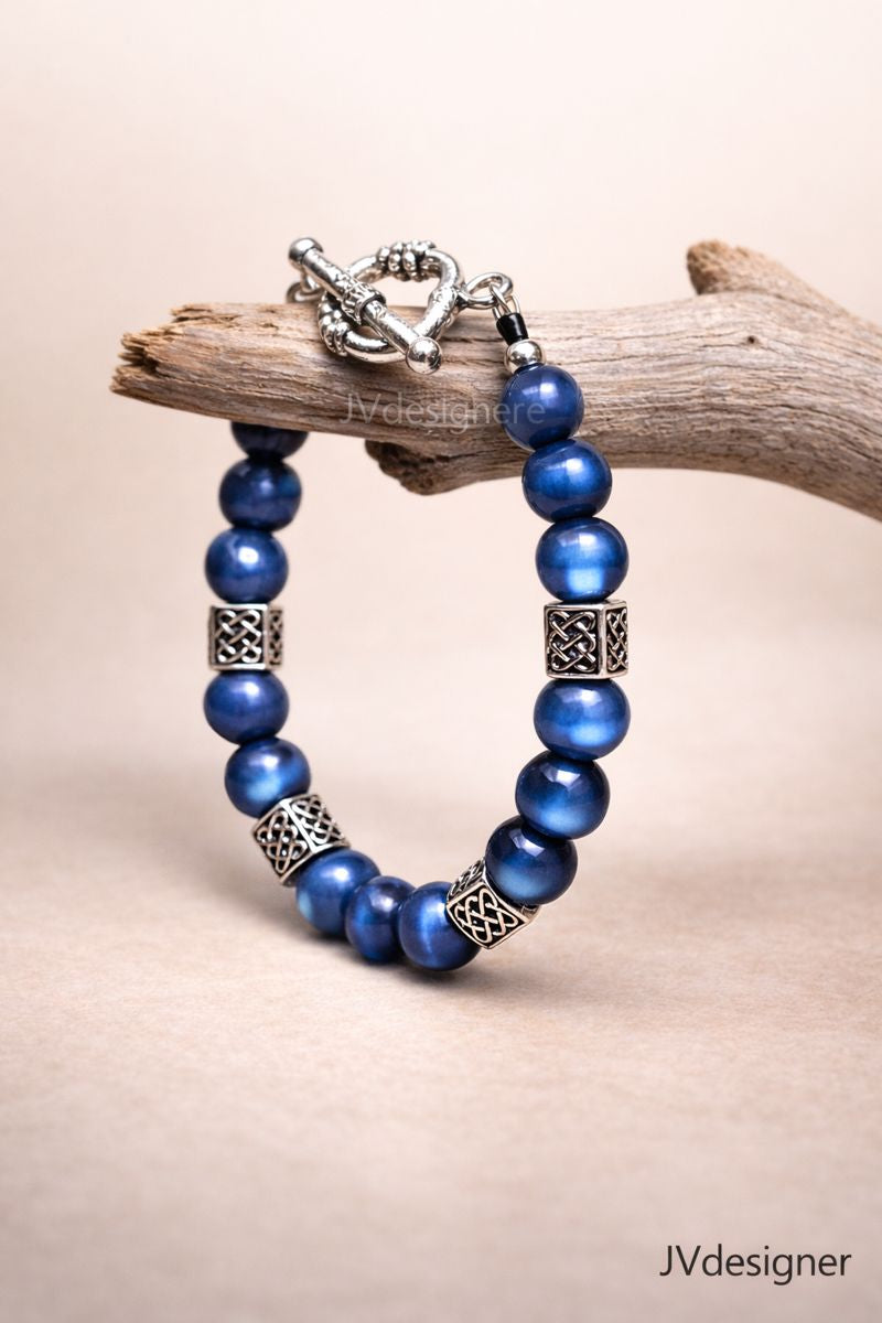 Purple/blueish Cat Eye Bracelet with Heart Toggle Clasp - Stretchy 6.5" Women's Jewelry