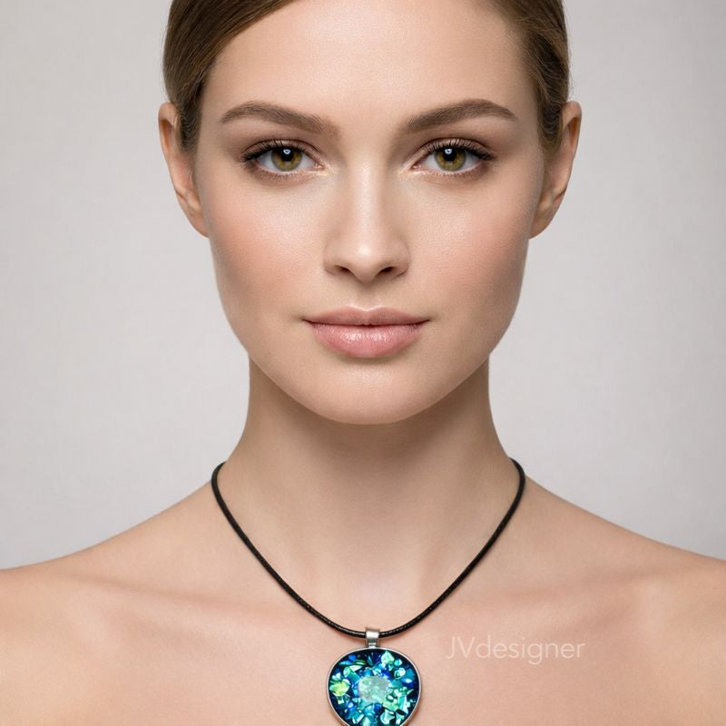 Handcrafted Peacock Glass & Resin Pendant Necklace - 20" Black Cord Silver Bezel