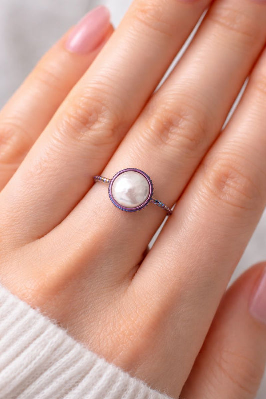 Rainbow Ion Plating Adjustable Ring with Baroque Freshwater Pearl - Size 7.5