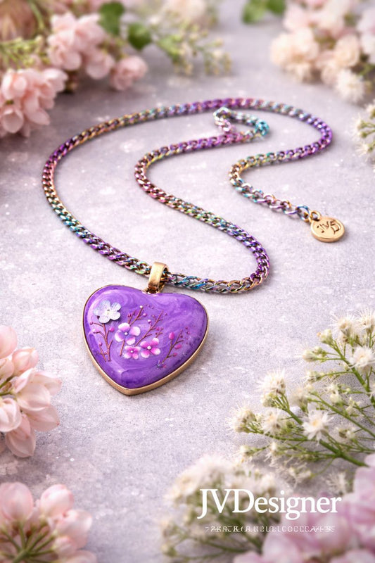 Resin Purple Heart Bezel Necklace - Handcrafted with Rainbow Stainless Steel Chain & Lobster Clasp