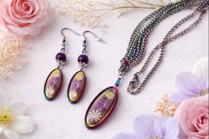 Iridescent Purple Rainbow Resin Jewelry Set - Earrings & Necklace