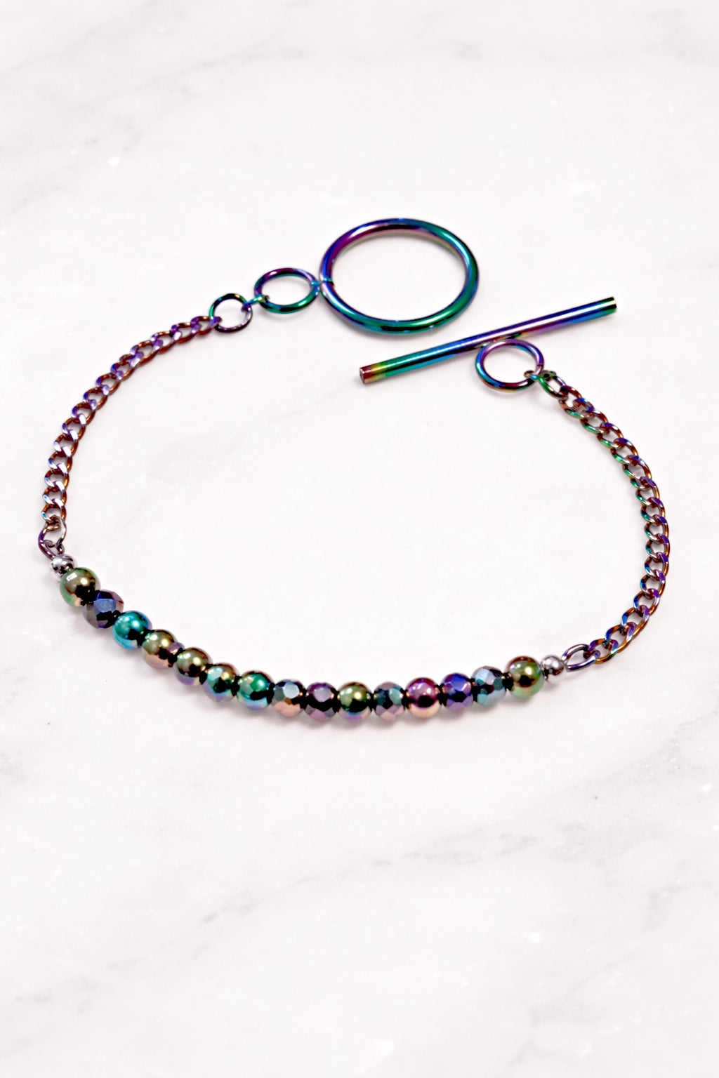 Rainbow Mini Beads Toggle Clasp Bracelet - Hematite & Glass Jewelry