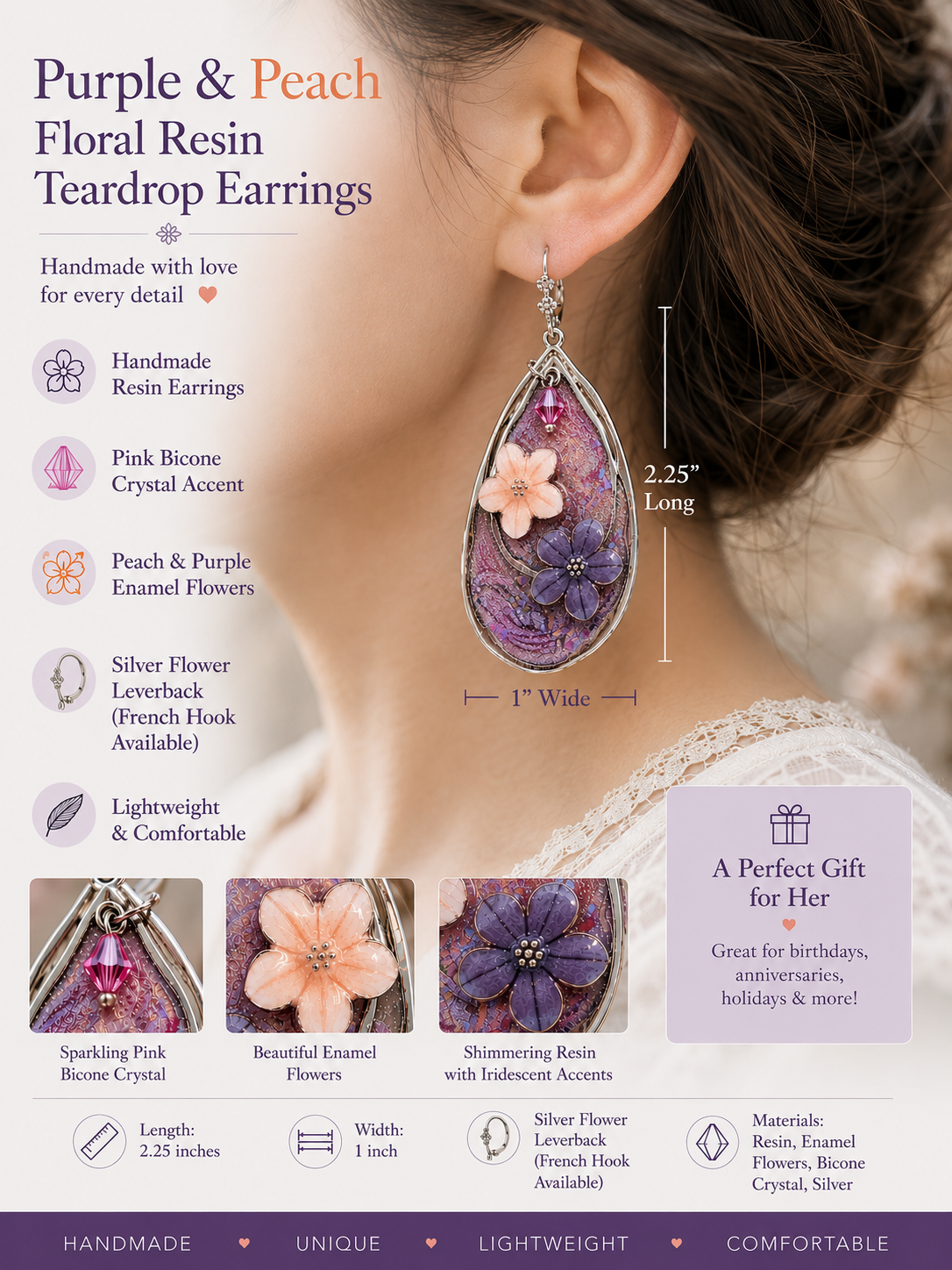 Purple & Peach Floral Resin Teardrop Earrings – Handmade Pink Crystal Silver Leverback Earrings