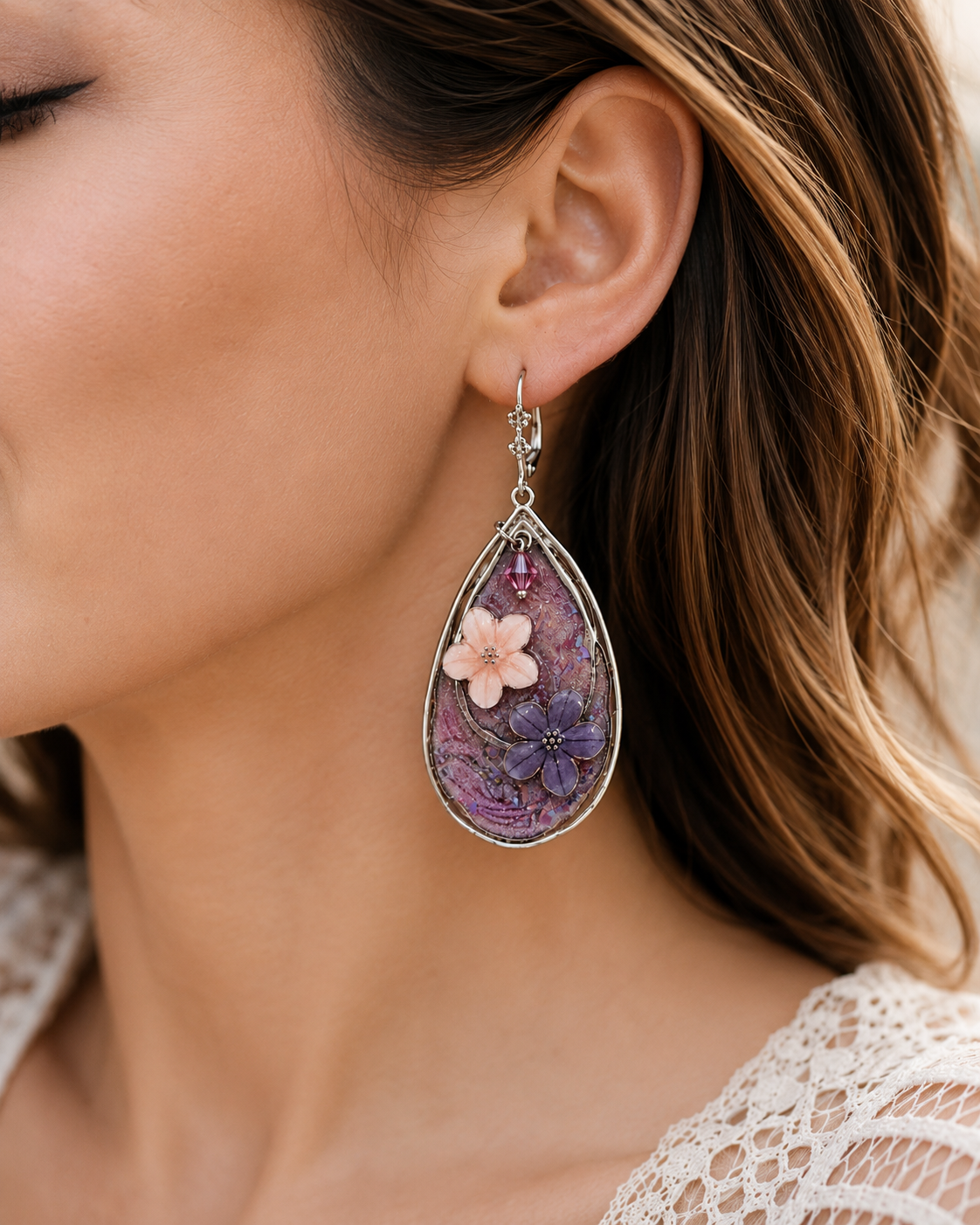 Purple & Peach Floral Resin Teardrop Earrings – Handmade Pink Crystal Silver Leverback Earrings
