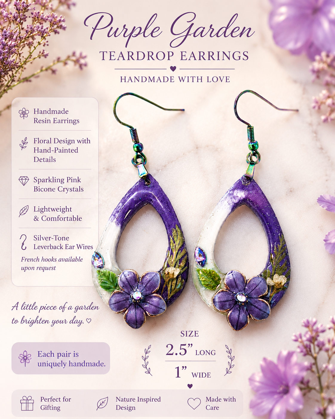 Purple Floral Teardrop Resin Earrings – Handmade Botanical Jewelry