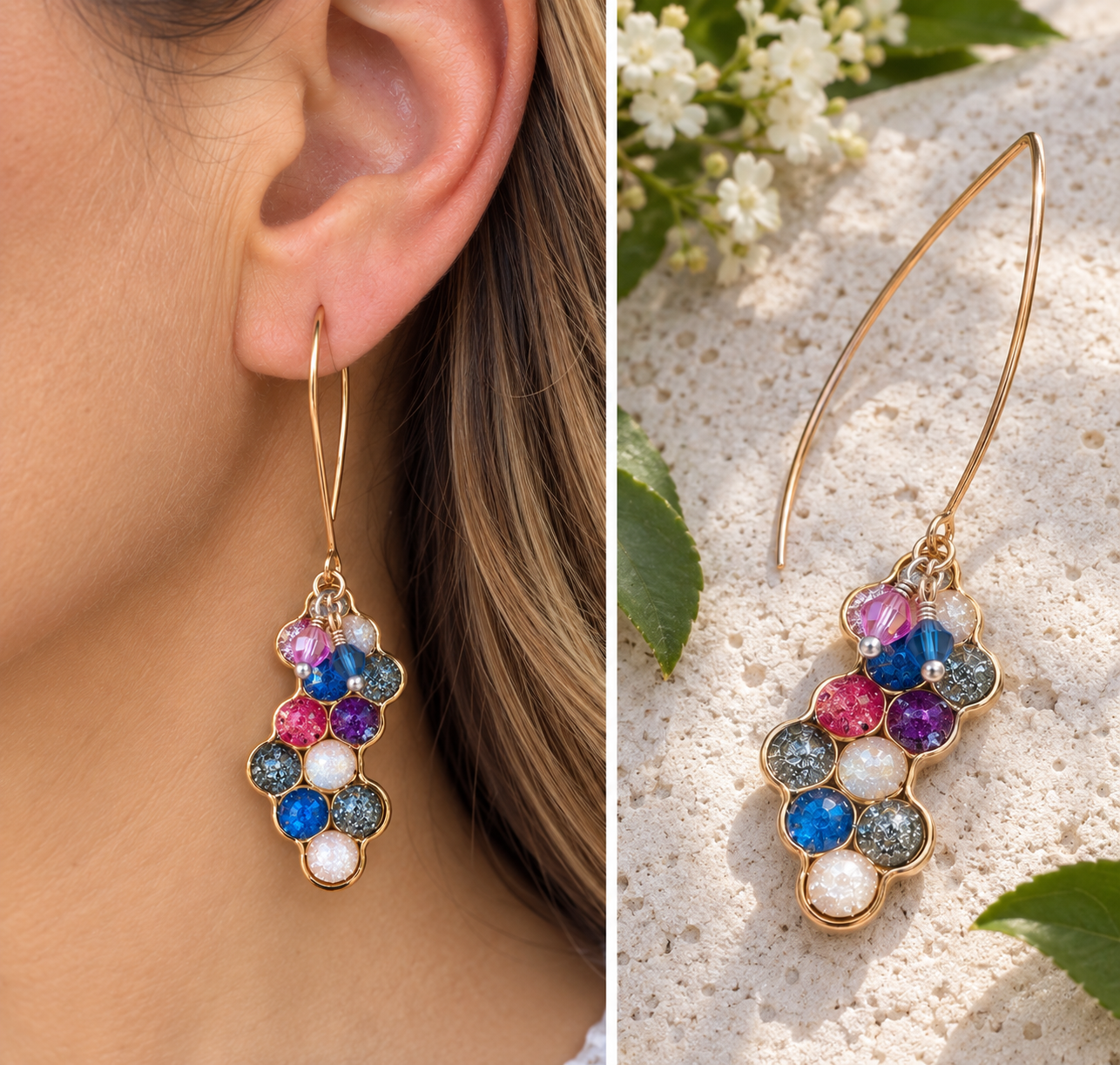 V-Shaped Resin Honeycomb Earrings – Purple, Pink & Blue Statement Earrings