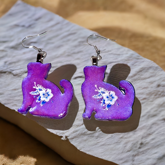 Resincrete Cat Earrings purple iridescent white flowers 2"x1"