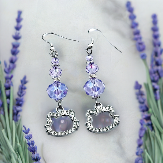 Cat charm Earrings with gemstone or crystal bead