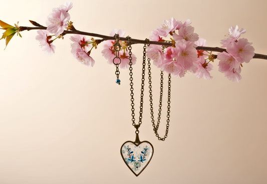 Heart Necklace Blue Flower Resin Pendant - Antique Bronze Bezel with Iridescent Glass | JVDesigner