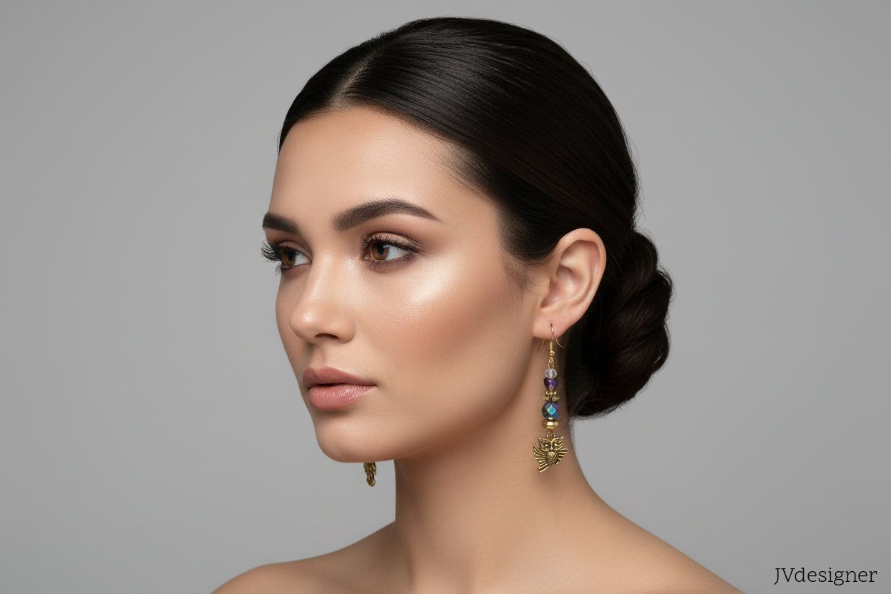 Handmade Gold Owl Earrings - 14kt Gold Plated Rainbow Faceted Beads - Artisan Jewelry