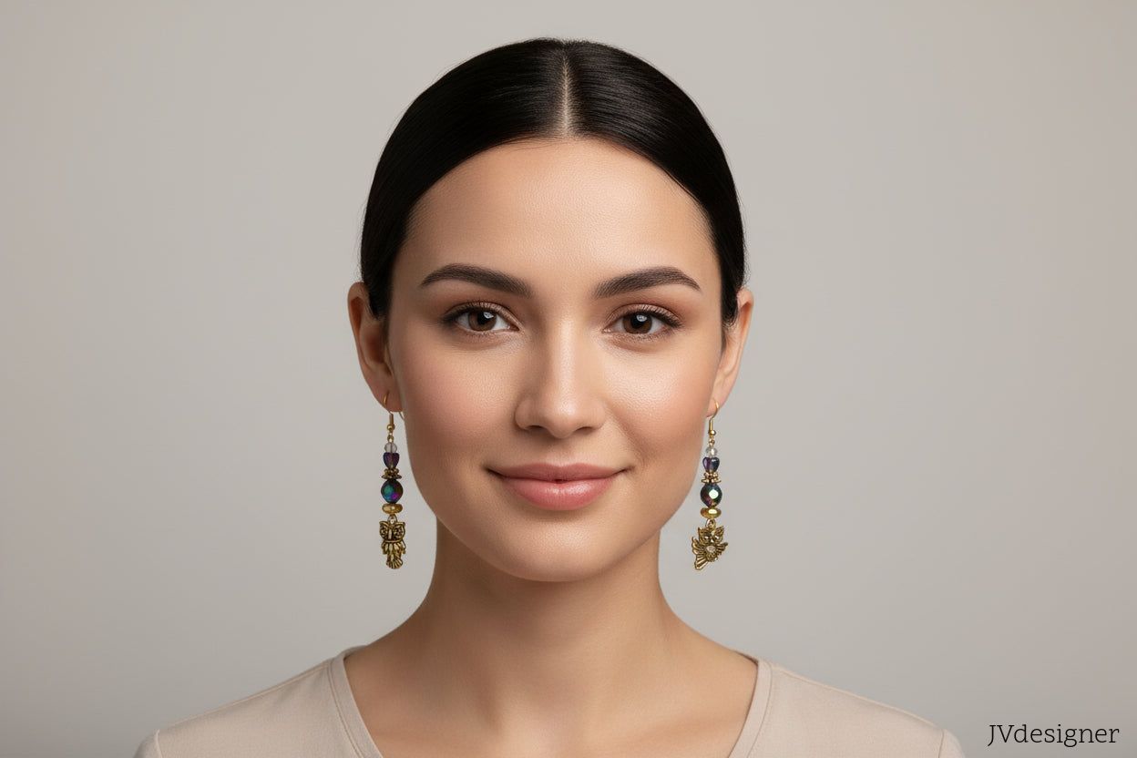 Handmade Gold Owl Earrings - 14kt Gold Plated Rainbow Faceted Beads - Artisan Jewelry