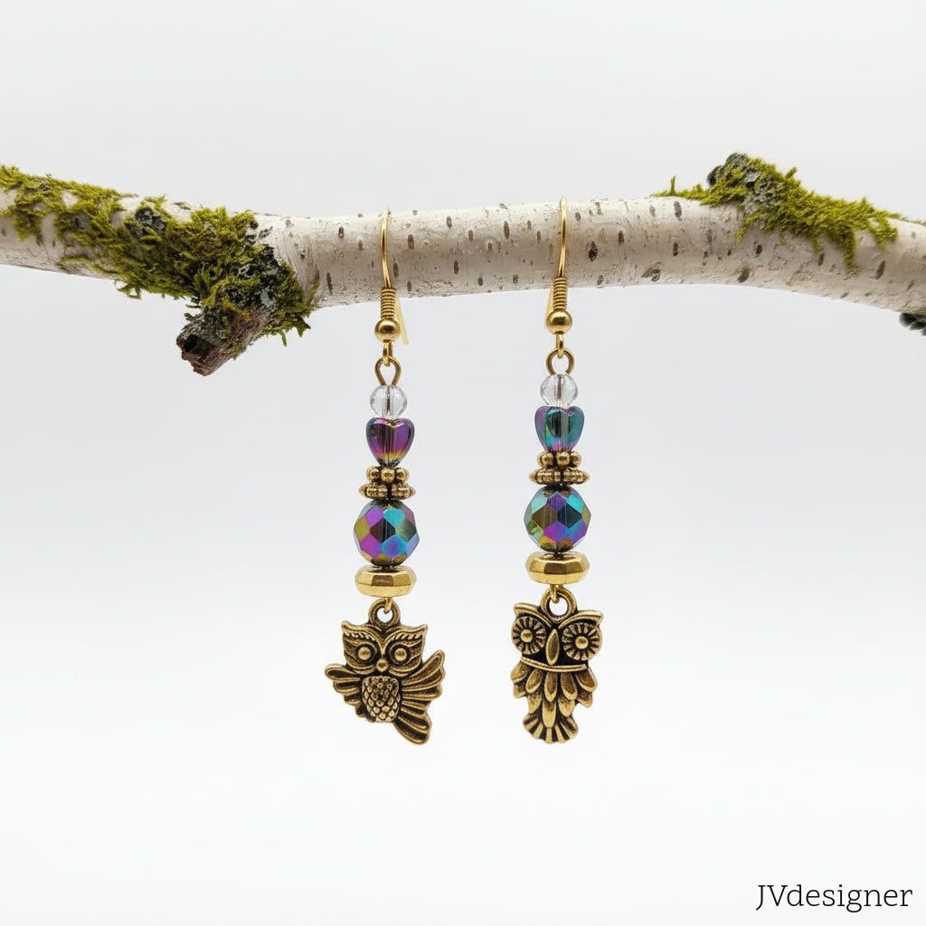 Handmade Gold Owl Earrings - 14kt Gold Plated Rainbow Faceted Beads - Artisan Jewelry