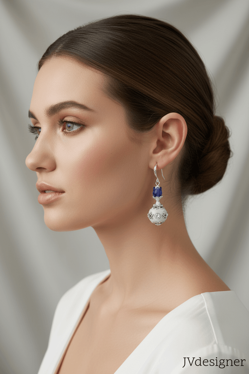 White Cobalt Blue Boho Earrings - Silver Copper Indonesian Beads | 2 Inches