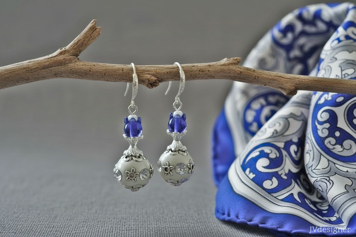 White Cobalt Blue Boho Earrings - Silver Copper Indonesian Beads | 2 Inches