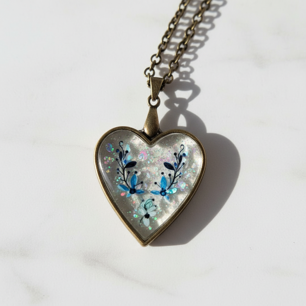 Heart-shaped pendant necklace with floral design on a checkered fabric background