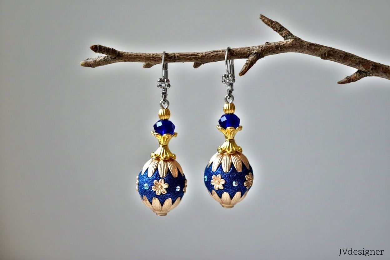 Handmade Boho Blue Earrings - Indonesian Beaded Cobalt Crystal Dangle Leverback Earrings 2 Inch