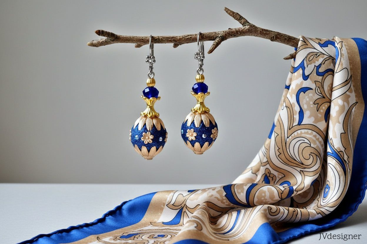 Handmade Boho Blue Earrings - Indonesian Beaded Cobalt Crystal Dangle Leverback Earrings 2 Inch