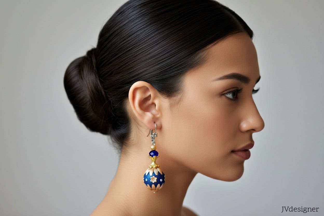 Handmade Boho Blue Earrings - Indonesian Beaded Cobalt Crystal Dangle Leverback Earrings 2 Inch