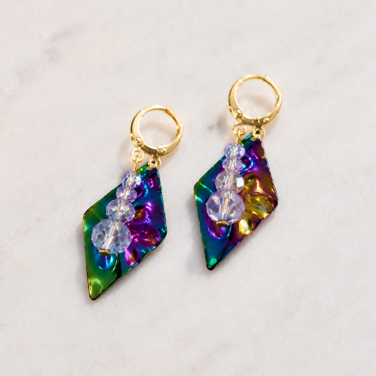 Handmade Lavender & Rainbow Crystal Dangle Earrings – Gold-Plated Leverback, 1.25 Inch