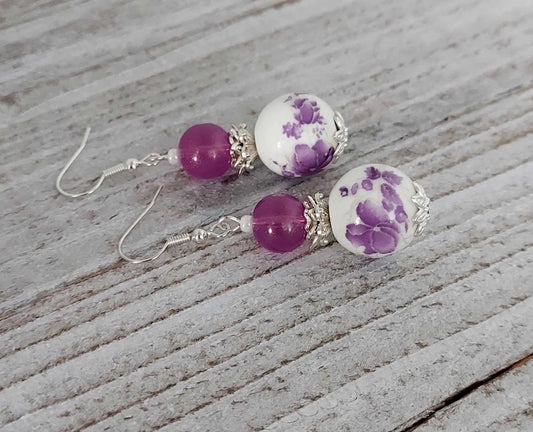 PURPLE PORCELAIN SILVER BEADED EARRINGS - Image #1