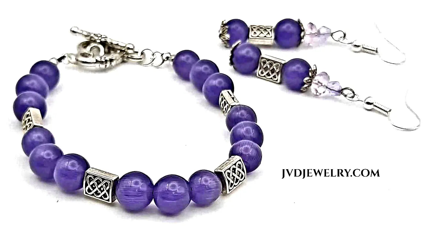 Purple Cat eyes beaded bracelet with earrings - Image #3