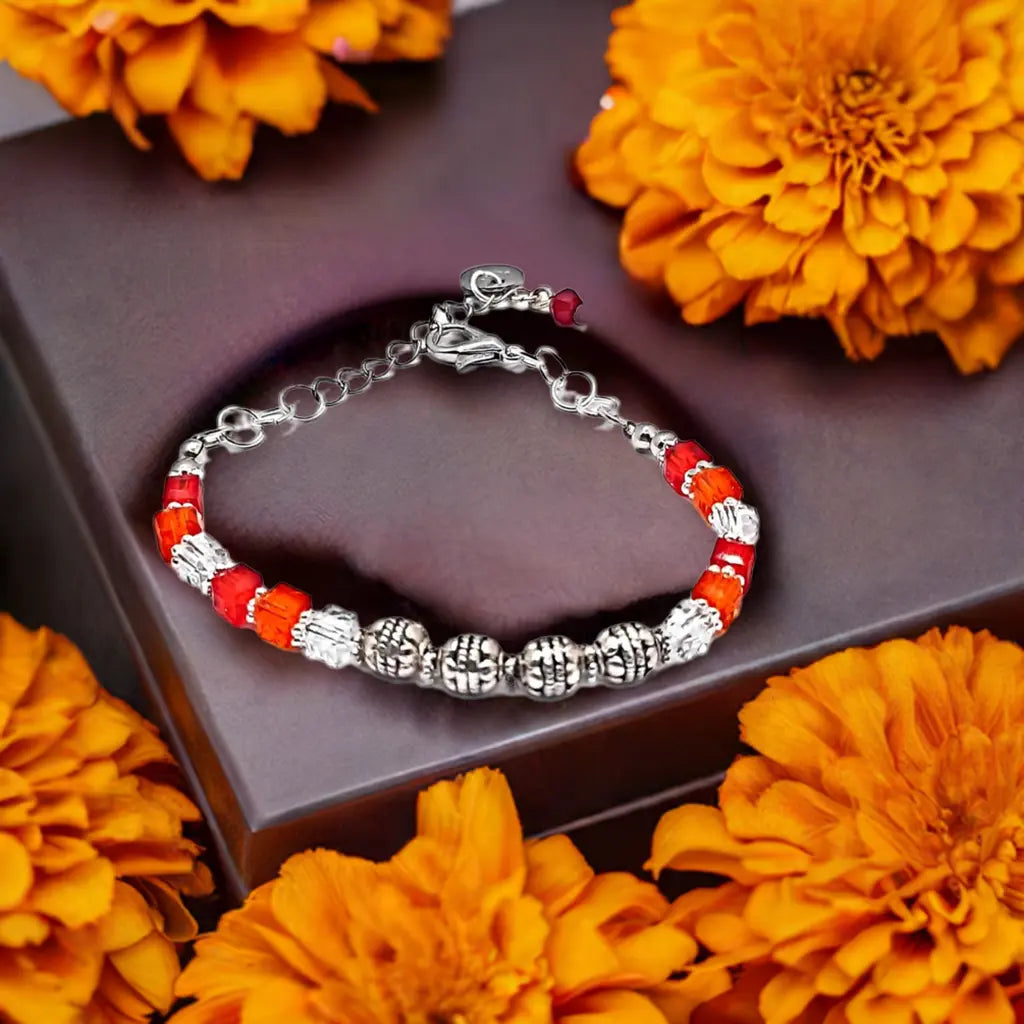 Red orange silver beaded Bracelet - Image #2