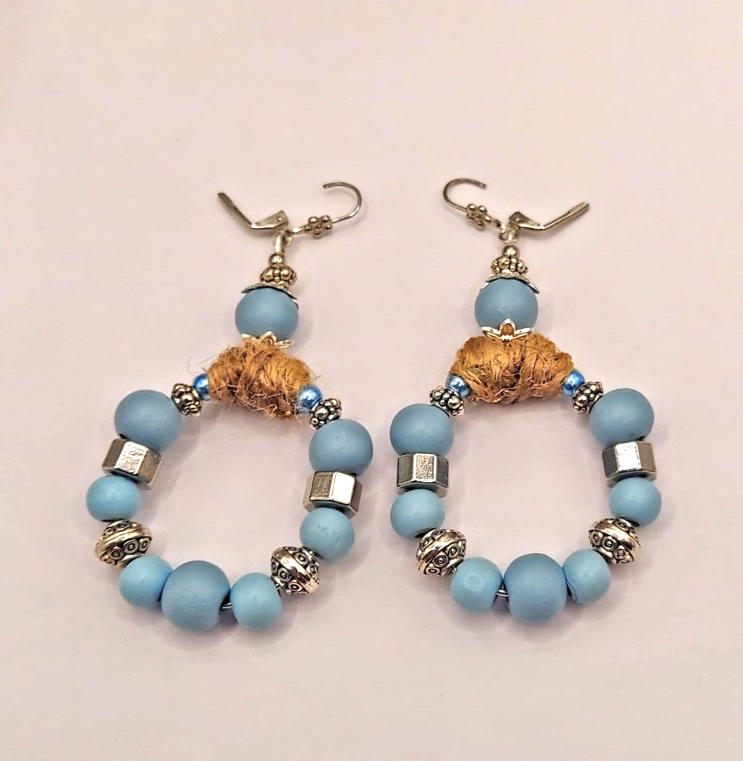 Blue Teal wooden beaded hoop Earrings 3 inches