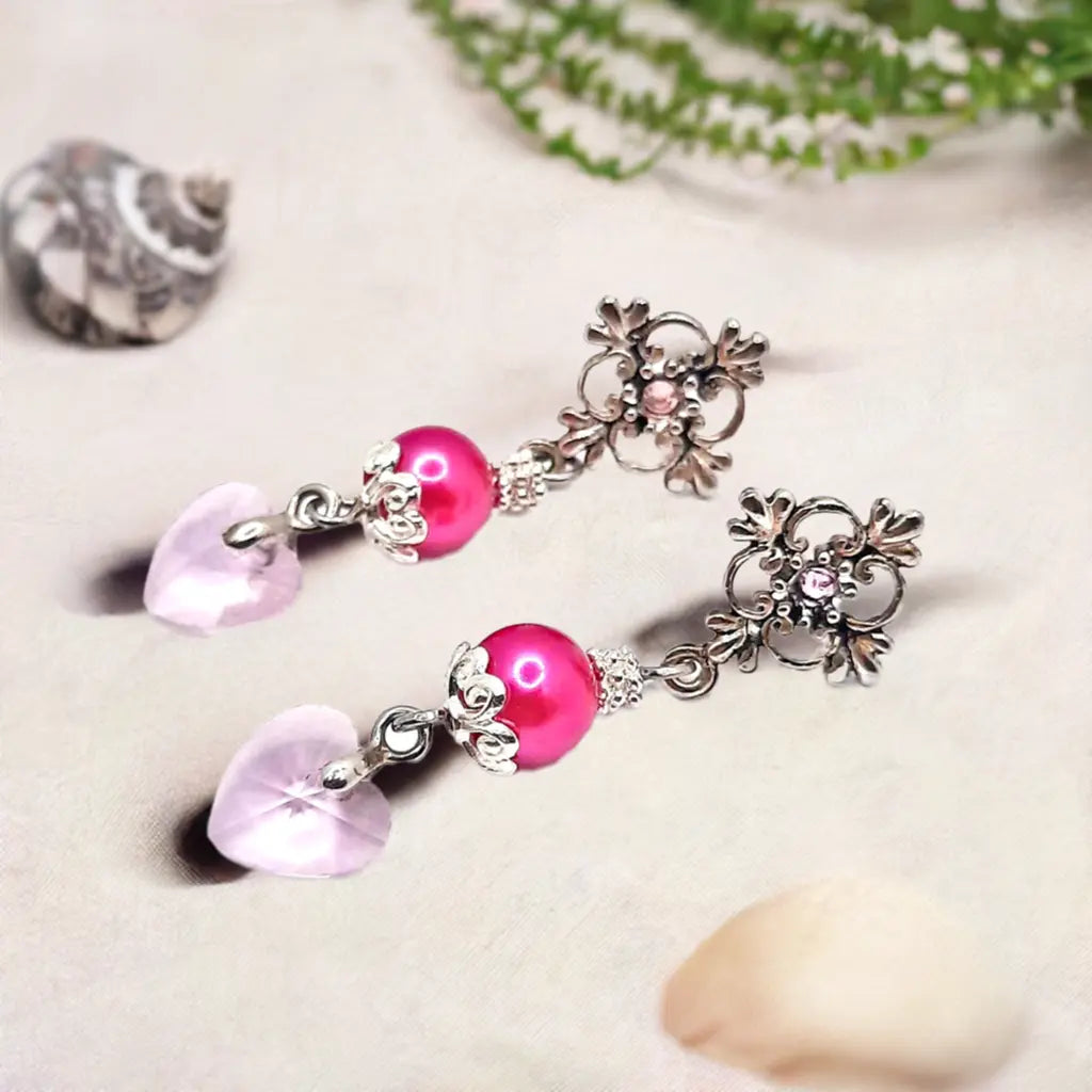 Flower Ear stud with pink rhinestone crystal pink heart - Image #3